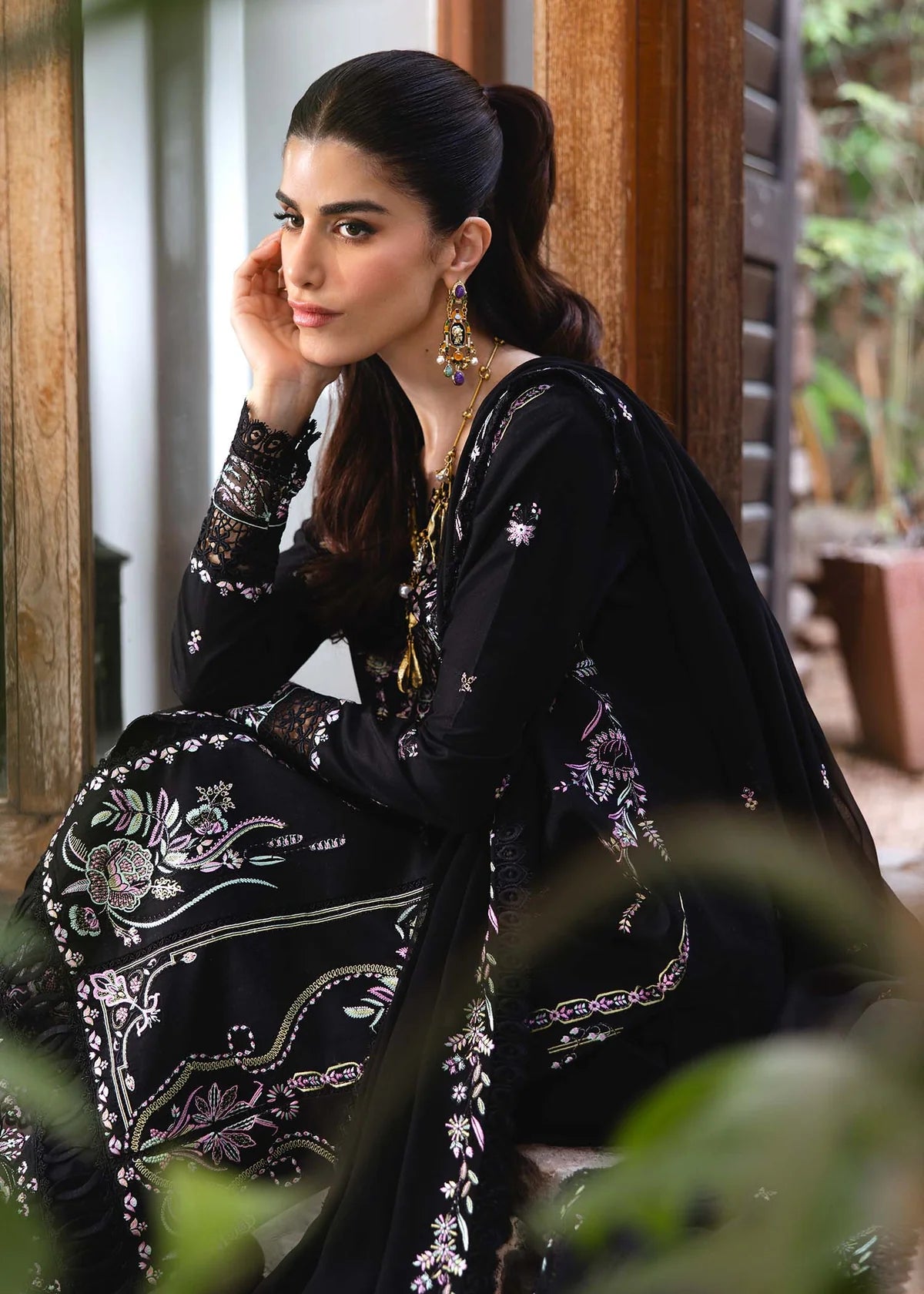 Model wearing black Laura outfit from Kanwal Malik Ayra Casual Pret '25, Pakistani luxury pret and Pakistani clothes online in UK.