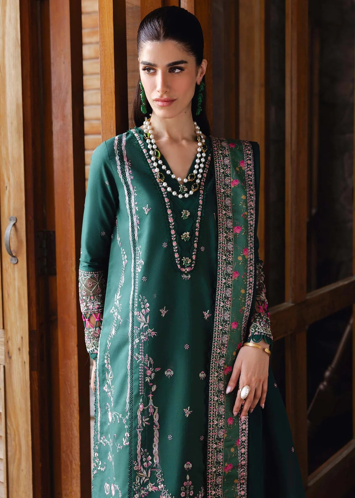 Model wearing deep green Madeline outfit from Kanwal Malik Ayra Casual Pret '25, featuring Pakistani luxury pret and Pakistani clothes online in UK.