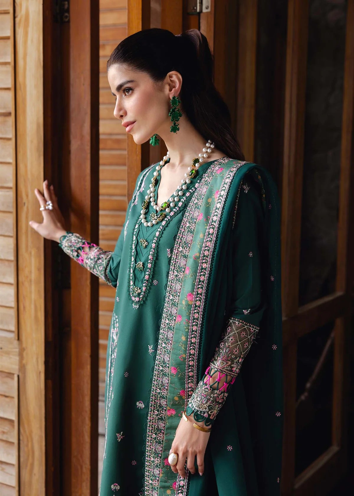 Model wearing deep green Madeline outfit from Kanwal Malik Ayra Casual Pret '25, featuring Pakistani luxury pret and Pakistani clothes online in UK.
