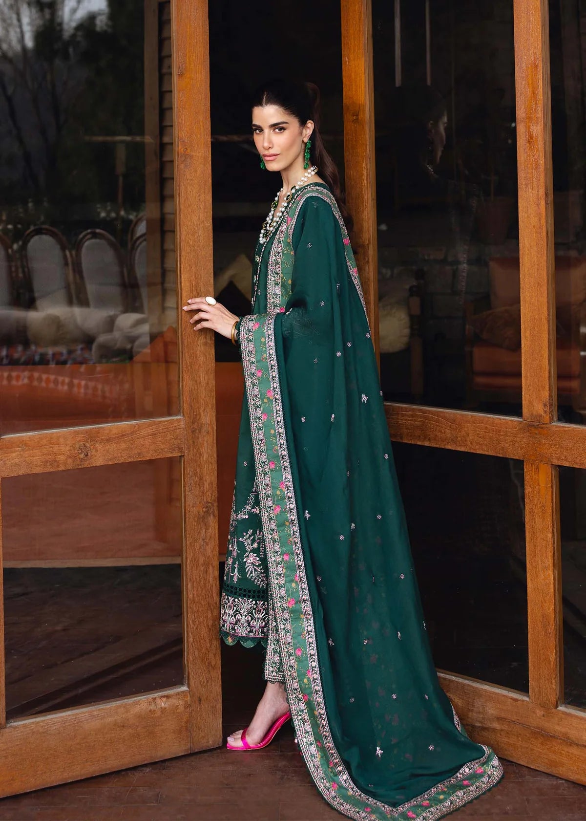 Model wearing deep green Madeline outfit from Kanwal Malik Ayra Casual Pret '25, featuring Pakistani luxury pret and Pakistani clothes online in UK.