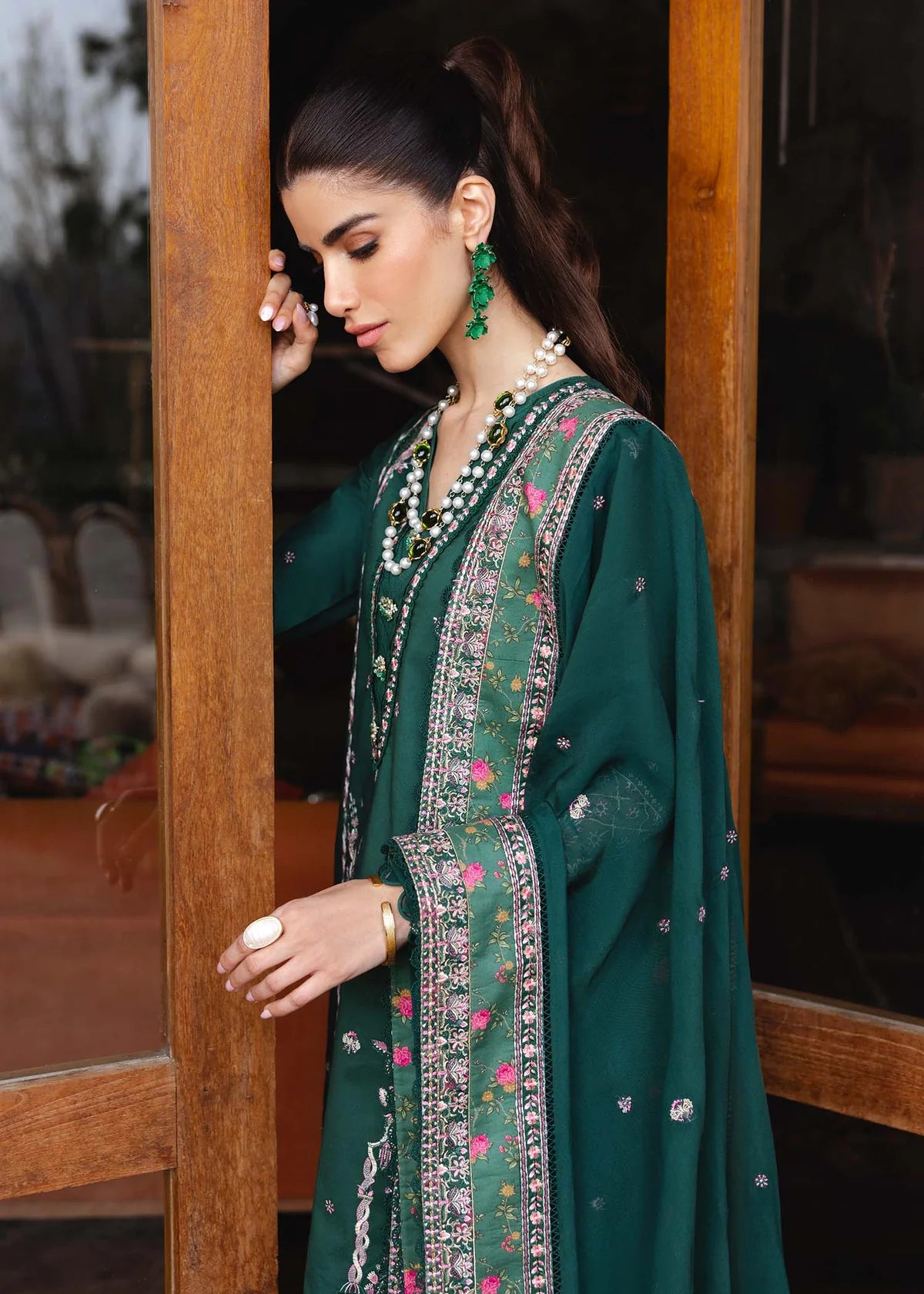 Model wearing deep green Madeline outfit from Kanwal Malik Ayra Casual Pret '25, featuring Pakistani luxury pret and Pakistani clothes online in UK.