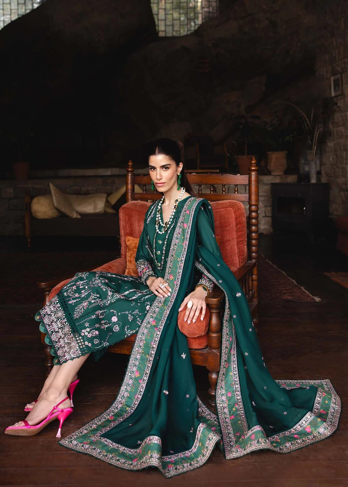 Model wearing deep green Madeline outfit from Kanwal Malik Ayra Casual Pret '25, featuring Pakistani luxury pret and Pakistani clothes online in UK.