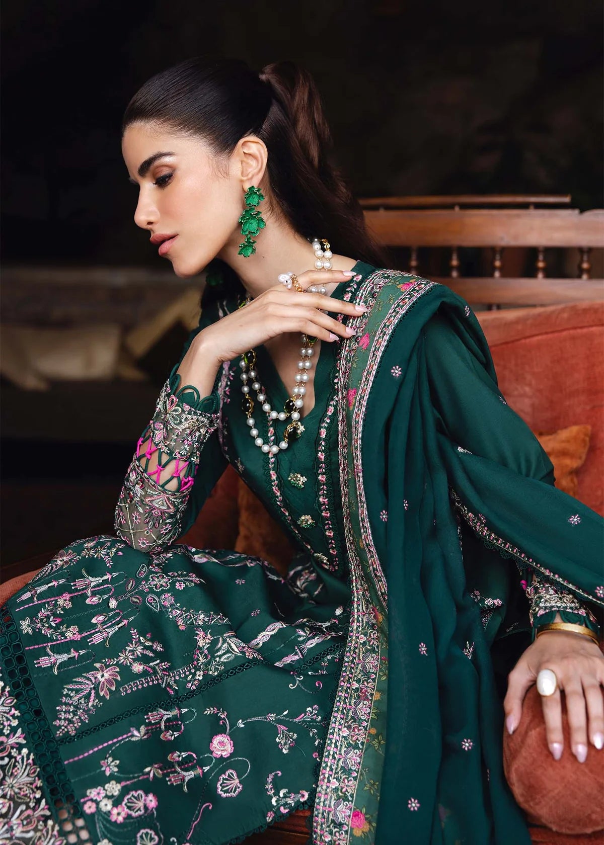 Model wearing deep green Madeline outfit from Kanwal Malik Ayra Casual Pret '25, featuring Pakistani luxury pret and Pakistani clothes online in UK.