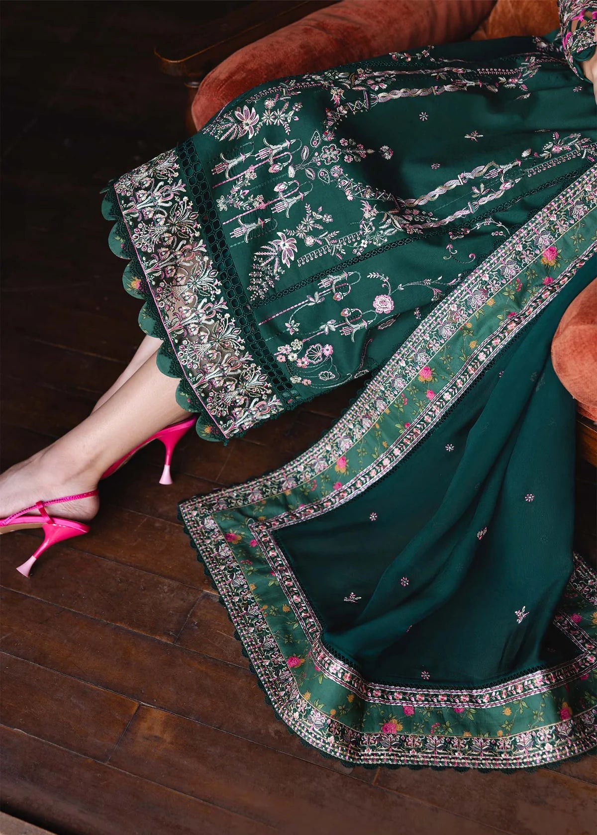 Model wearing deep green Madeline outfit from Kanwal Malik Ayra Casual Pret '25, featuring Pakistani luxury pret and Pakistani clothes online in UK.