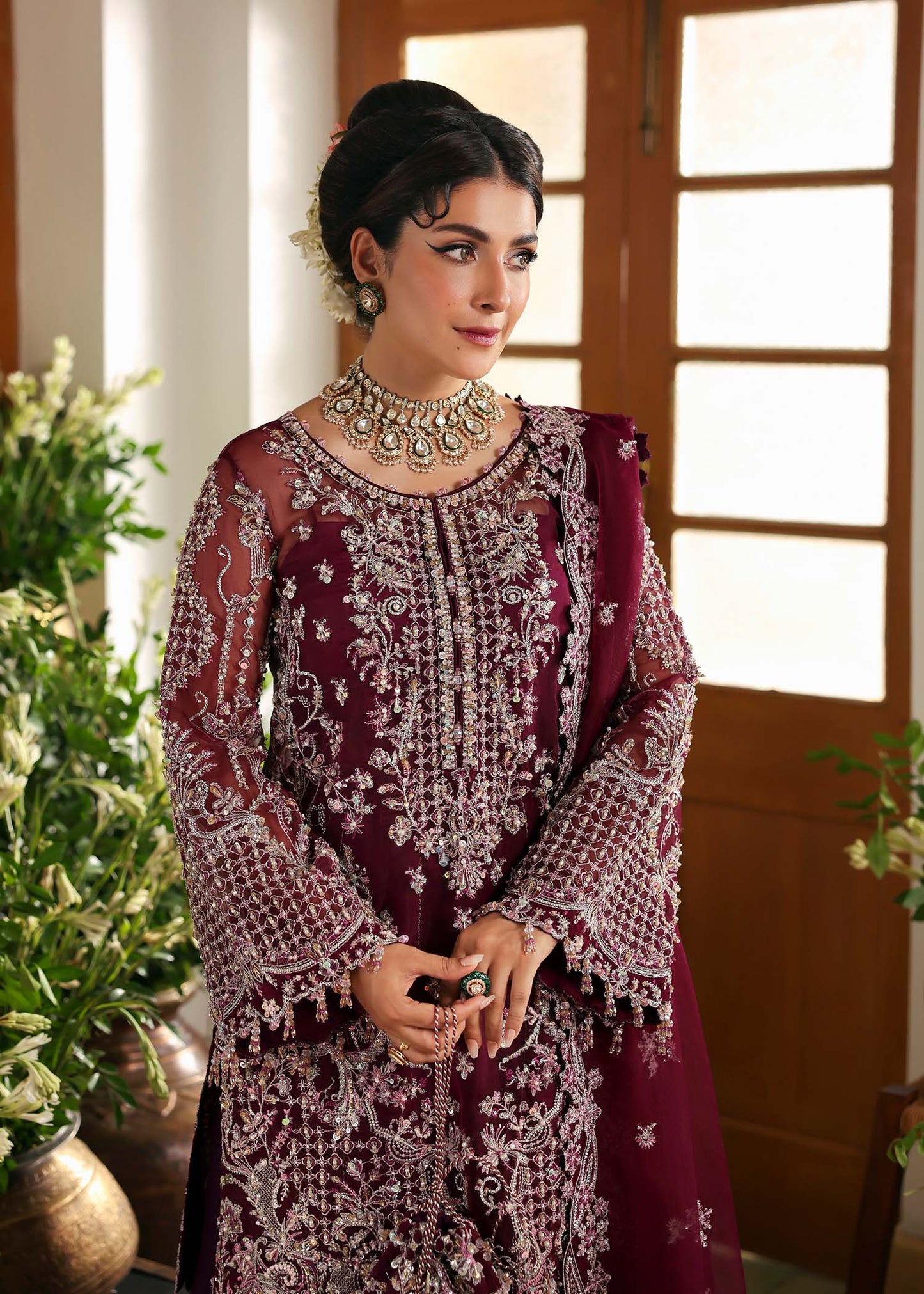 Model wearing Safiya by Kanwal Malik in deep maroon embroidered ensemble – Pakistani luxury pret outfit available online in UK.