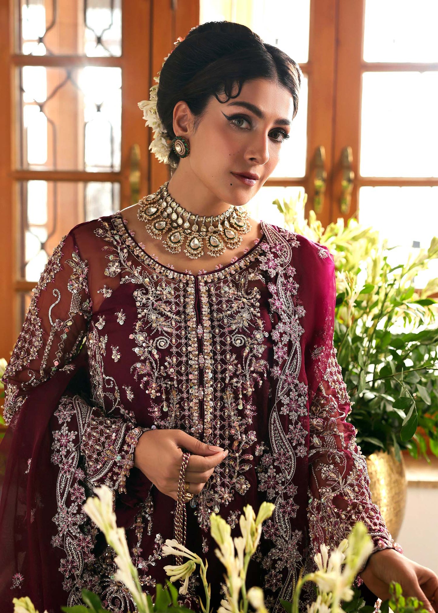 Model wearing Safiya by Kanwal Malik in deep maroon embroidered ensemble – Pakistani luxury pret outfit available online in UK.