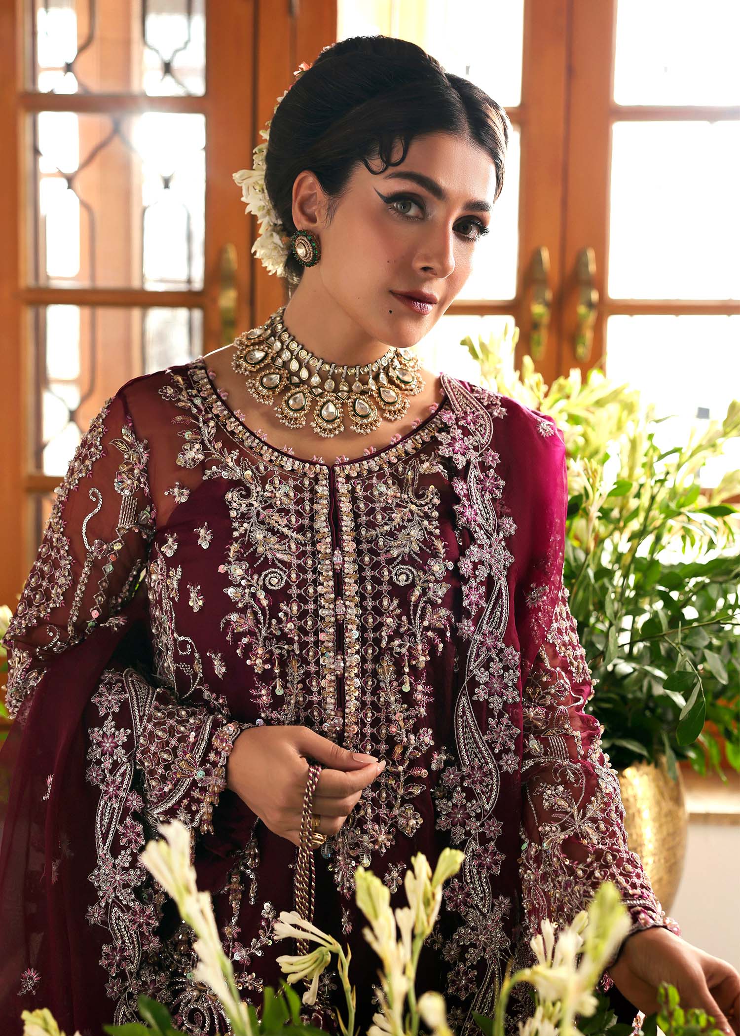 Model wearing Safiya by Kanwal Malik in deep maroon embroidered ensemble – Pakistani luxury pret outfit available online in UK.