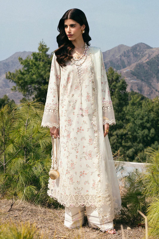 Model wearing ivory DC-03 Miri from Qalamkar Qlinekari Lawn '25, Pakistani Luxury pret, Pakistani clothes online in UK.