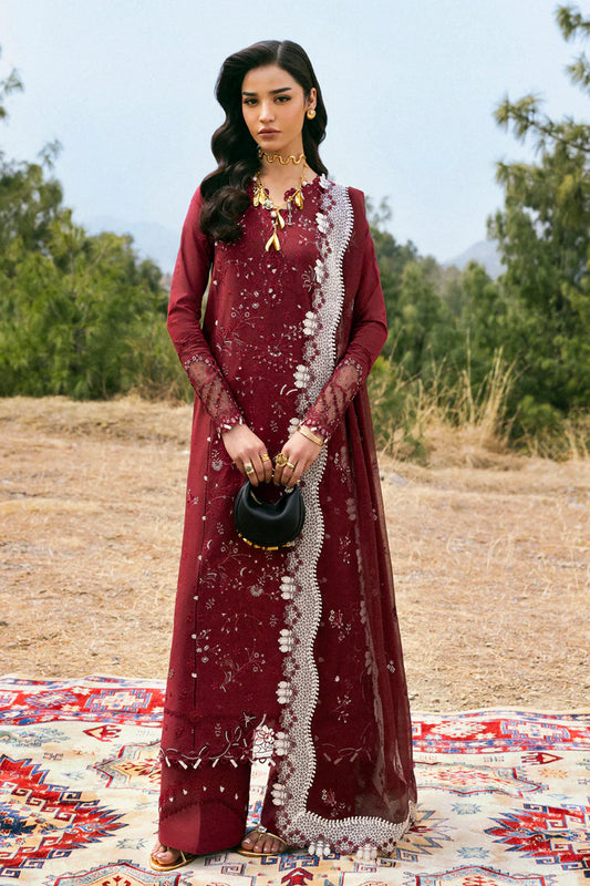 Model wearing deep maroon DC-06 Aila from Qalamkar Qlinekari Lawn '25, Pakistani Luxury pret, Pakistani clothes online in UK.