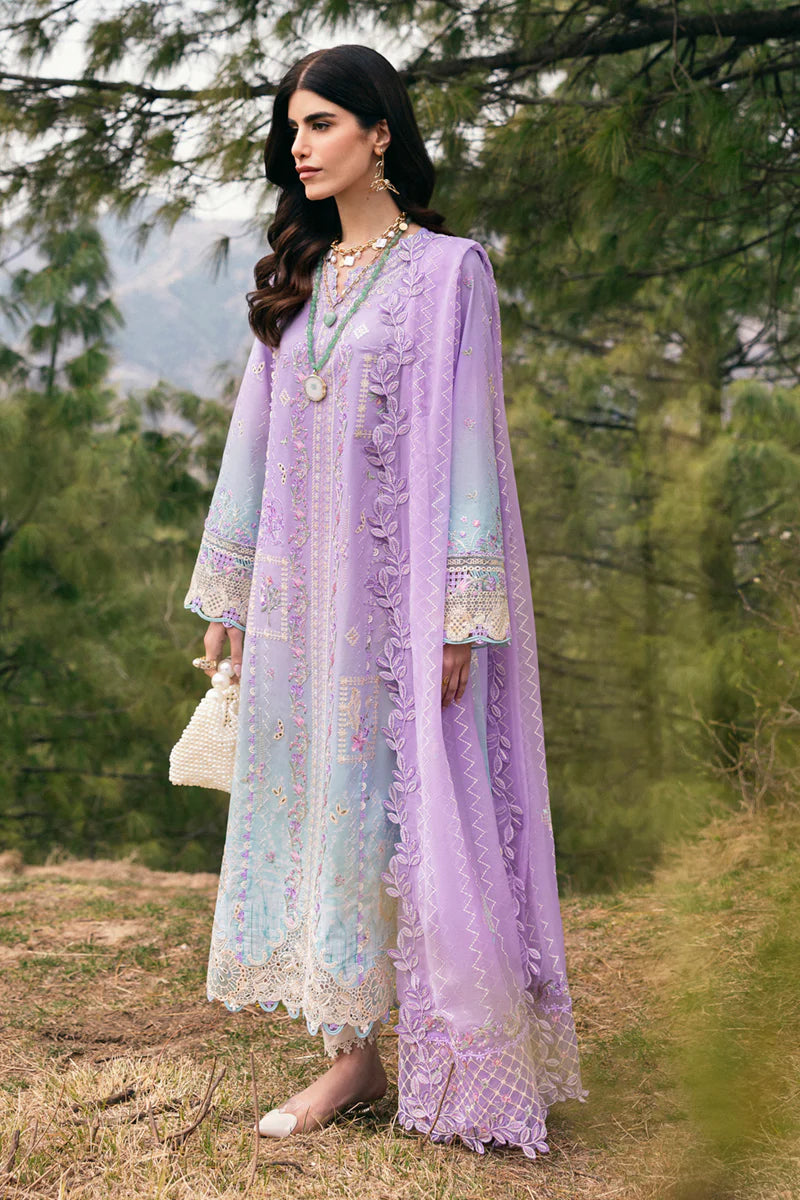 Model wearing lavender DC-05 CLIO from Qalamkar Qlinekari Lawn '25, Pakistani Luxury pret, Pakistani clothes online in UK.