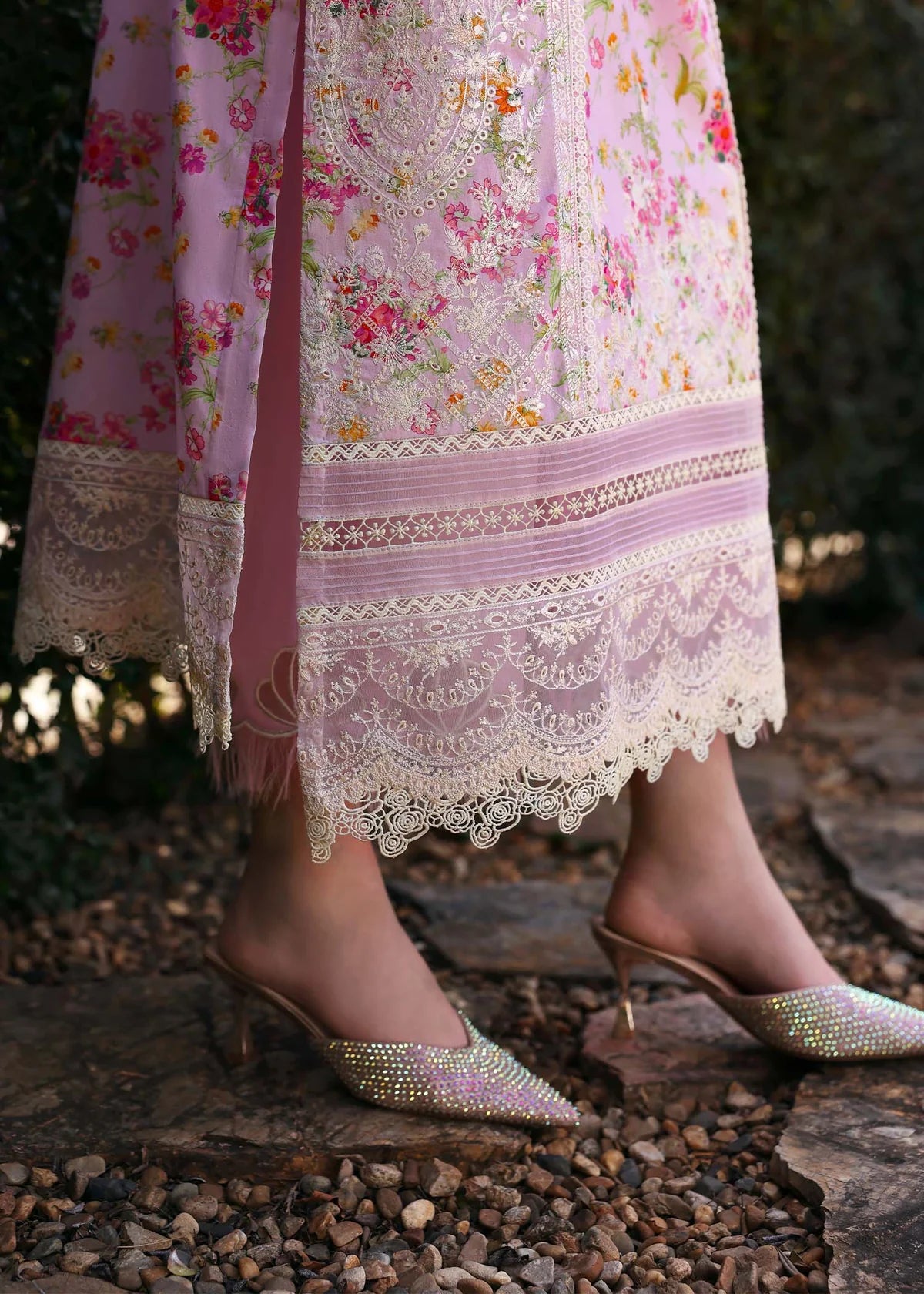Model wearing pastel pink floral Zuri dress from Kanwal Malik Zaina Lawn '25, perfect for Pakistani luxury pret and clothes online in UK.