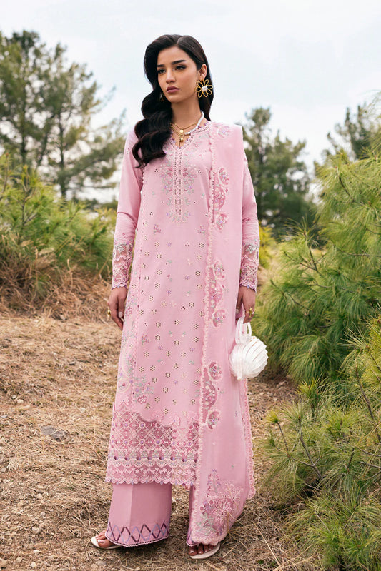 Model wearing soft pink DC-02 Freja from Qalamkar Qlinekari Lawn '25, Pakistani Luxury pret, Pakistani clothes online in UK.