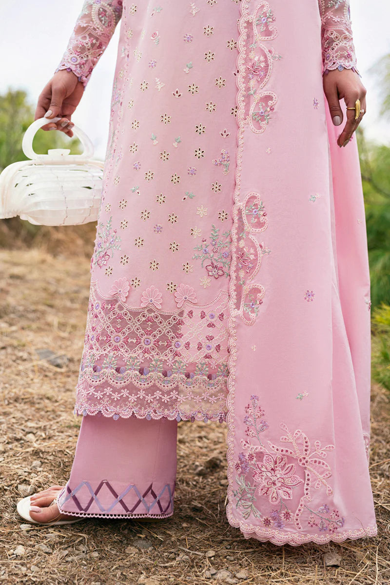Model wearing soft pink DC-02 Freja from Qalamkar Qlinekari Lawn '25, Pakistani Luxury pret, Pakistani clothes online in UK.