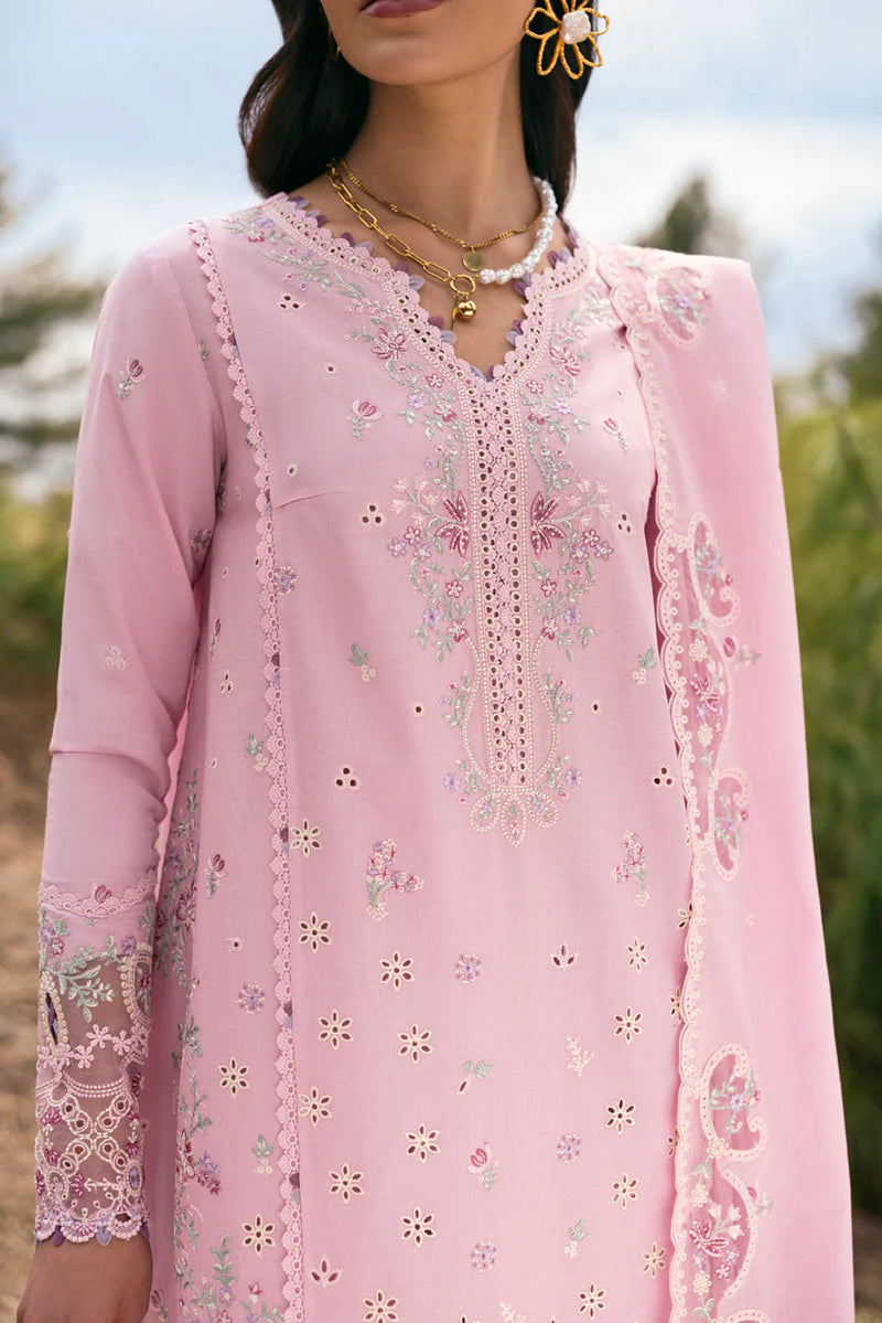 Model wearing soft pink DC-02 Freja from Qalamkar Qlinekari Lawn '25, Pakistani Luxury pret, Pakistani clothes online in UK.