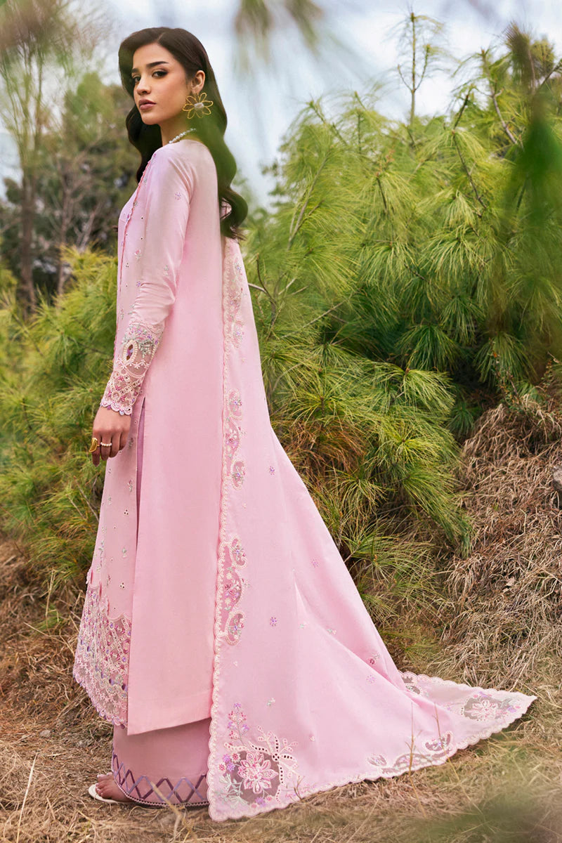 Model wearing soft pink DC-02 Freja from Qalamkar Qlinekari Lawn '25, Pakistani Luxury pret, Pakistani clothes online in UK.