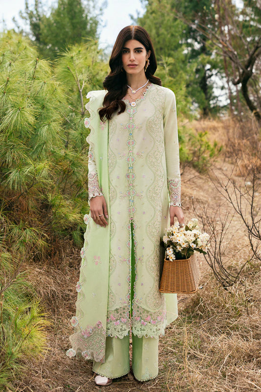 Model wearing pastel green DC-14 Meline from Qalamkar Qlinekari Lawn '25, Pakistani Luxury pret, Pakistani clothes online in UK.