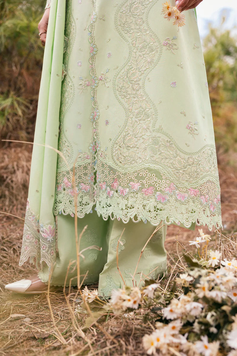 Model wearing pastel green DC-14 Meline from Qalamkar Qlinekari Lawn '25, Pakistani Luxury pret, Pakistani clothes online in UK.