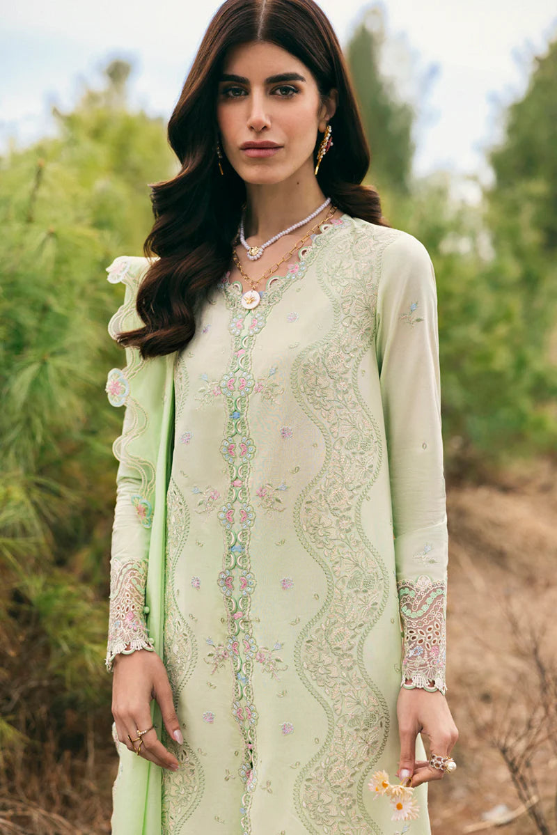 Model wearing pastel green DC-14 Meline from Qalamkar Qlinekari Lawn '25, Pakistani Luxury pret, Pakistani clothes online in UK.