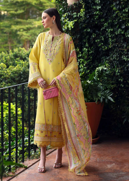 Model wearing yellow embroidered Raiha dress from Kanwal Malik Zaina Lawn '25, ideal for Pakistani luxury pret and clothes online in UK.