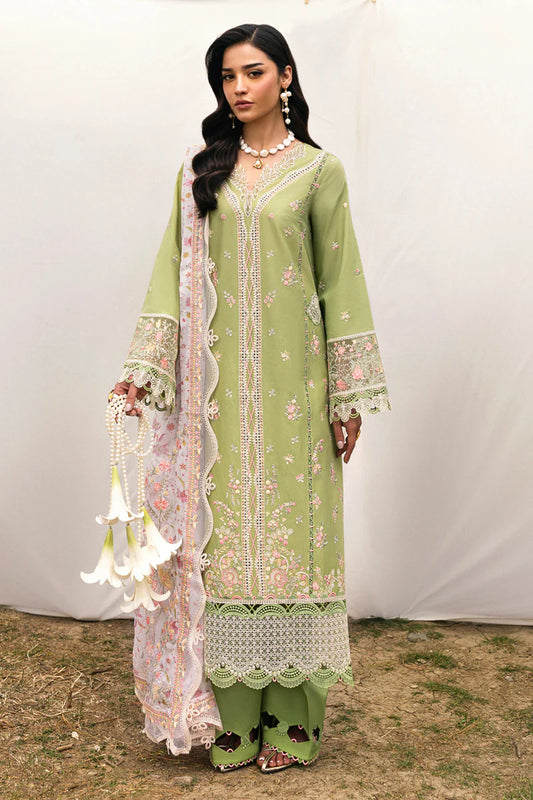 Model wearing light green DC-01 Lovisa from Qalamkar Qlinekari Lawn '25, Pakistani Luxury pret, Pakistani clothes online in UK.