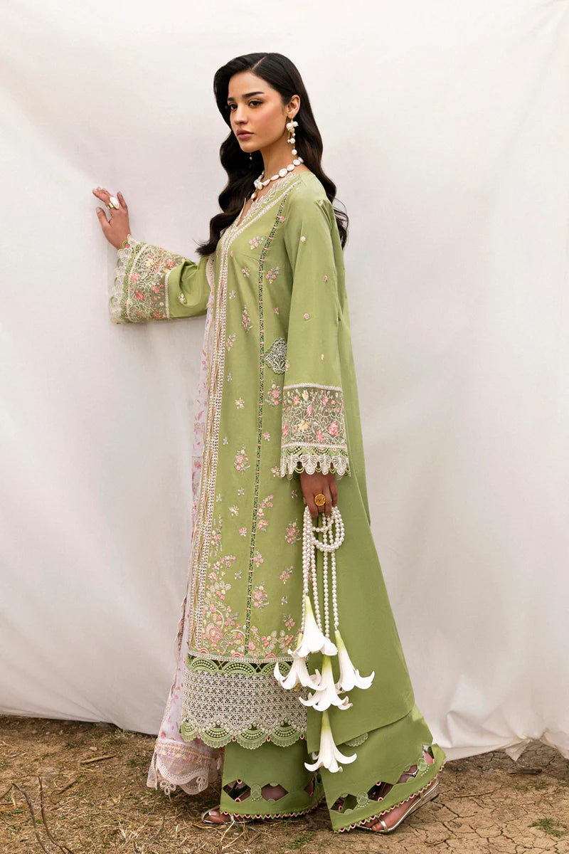Model wearing light green DC-01 Lovisa from Qalamkar Qlinekari Lawn '25, Pakistani Luxury pret, Pakistani clothes online in UK.