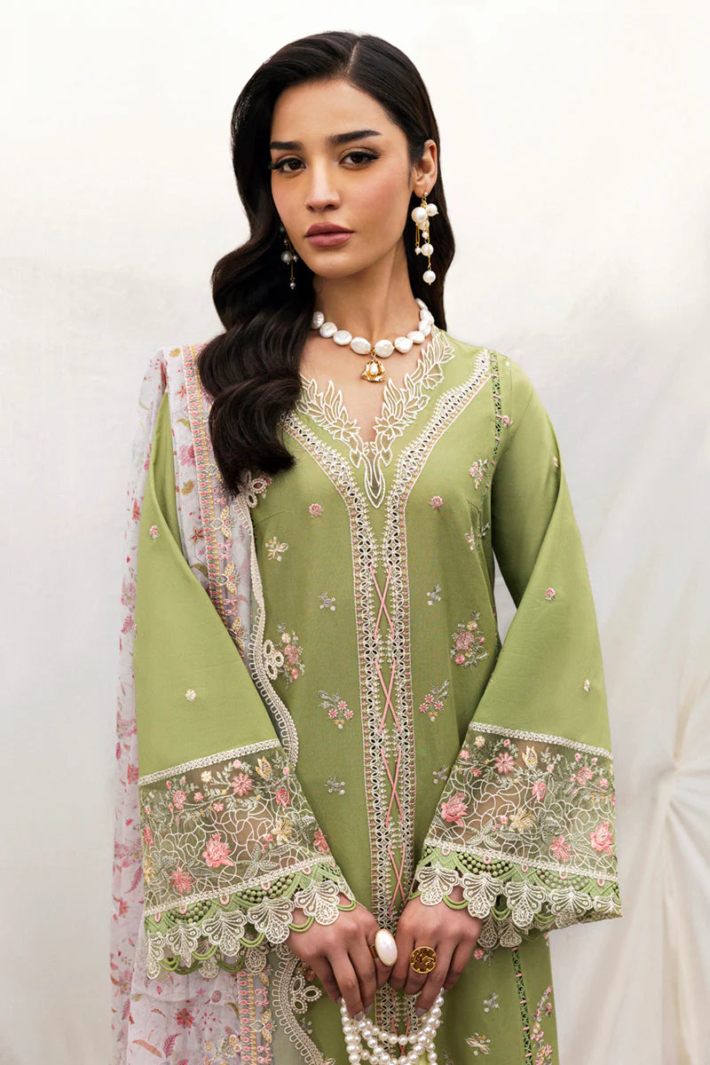 Model wearing light green DC-01 Lovisa from Qalamkar Qlinekari Lawn '25, Pakistani Luxury pret, Pakistani clothes online in UK.