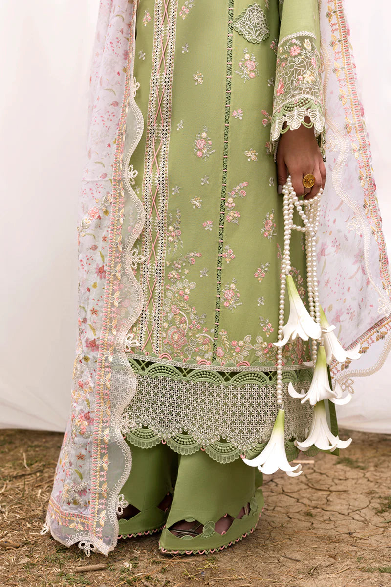 Model wearing light green DC-01 Lovisa from Qalamkar Qlinekari Lawn '25, Pakistani Luxury pret, Pakistani clothes online in UK.