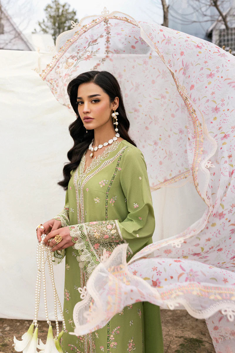 Model wearing light green DC-01 Lovisa from Qalamkar Qlinekari Lawn '25, Pakistani Luxury pret, Pakistani clothes online in UK.