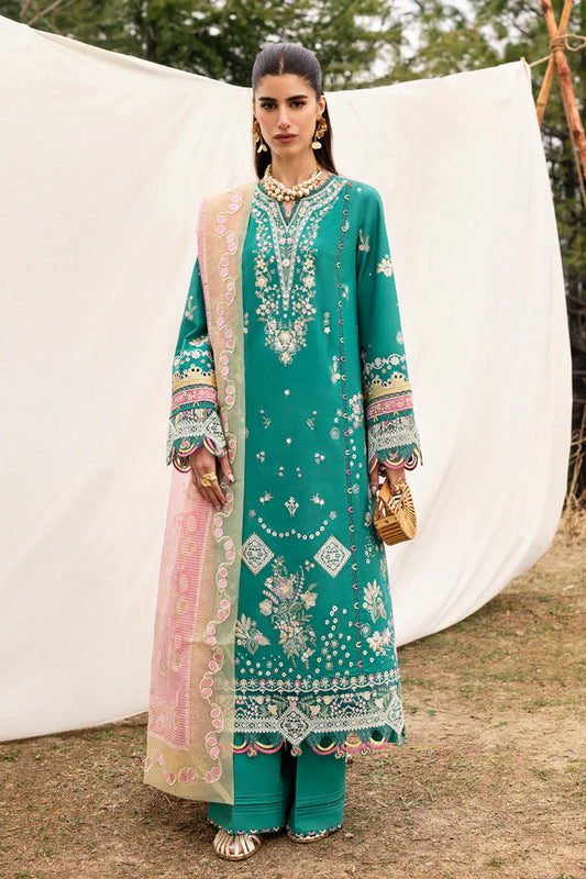 Model wearing teal green DC-08 Elida from Qalamkar Qlinekari Lawn '25, Pakistani Luxury pret, Pakistani clothes online in UK.