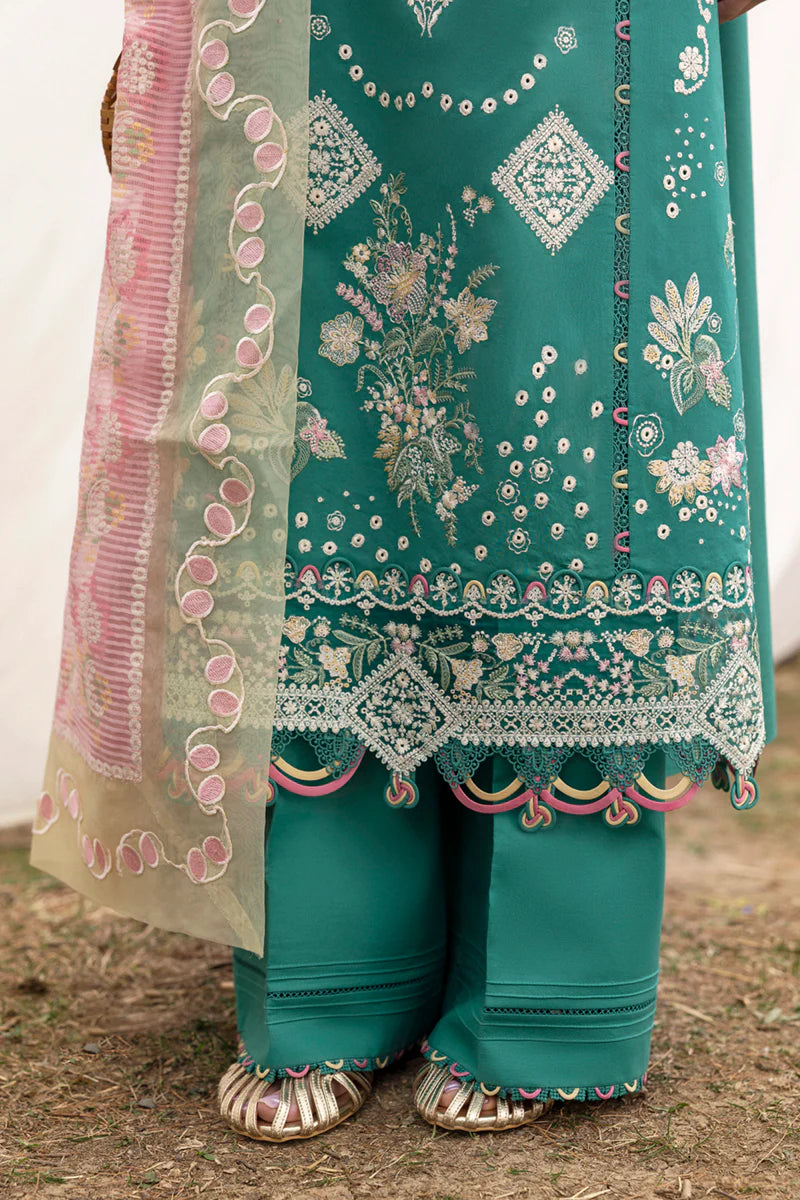 Model wearing teal green DC-08 Elida from Qalamkar Qlinekari Lawn '25, Pakistani Luxury pret, Pakistani clothes online in UK.