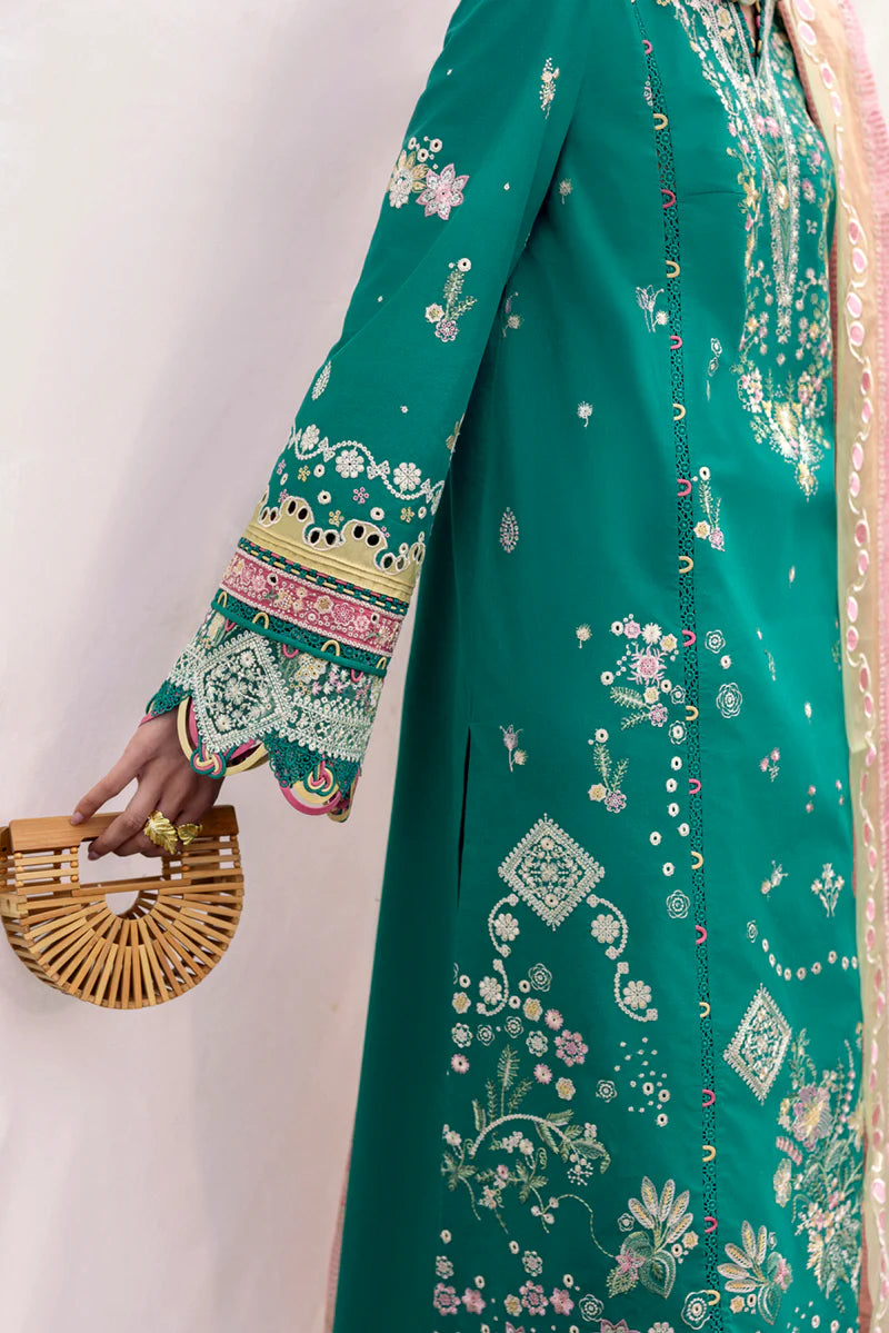 Model wearing teal green DC-08 Elida from Qalamkar Qlinekari Lawn '25, Pakistani Luxury pret, Pakistani clothes online in UK.