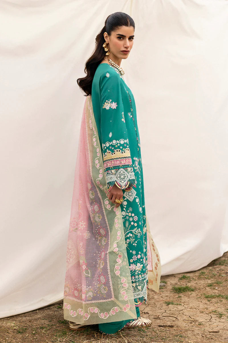 Model wearing teal green DC-08 Elida from Qalamkar Qlinekari Lawn '25, Pakistani Luxury pret, Pakistani clothes online in UK.