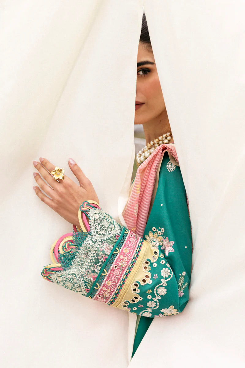 Model wearing teal green DC-08 Elida from Qalamkar Qlinekari Lawn '25, Pakistani Luxury pret, Pakistani clothes online in UK.
