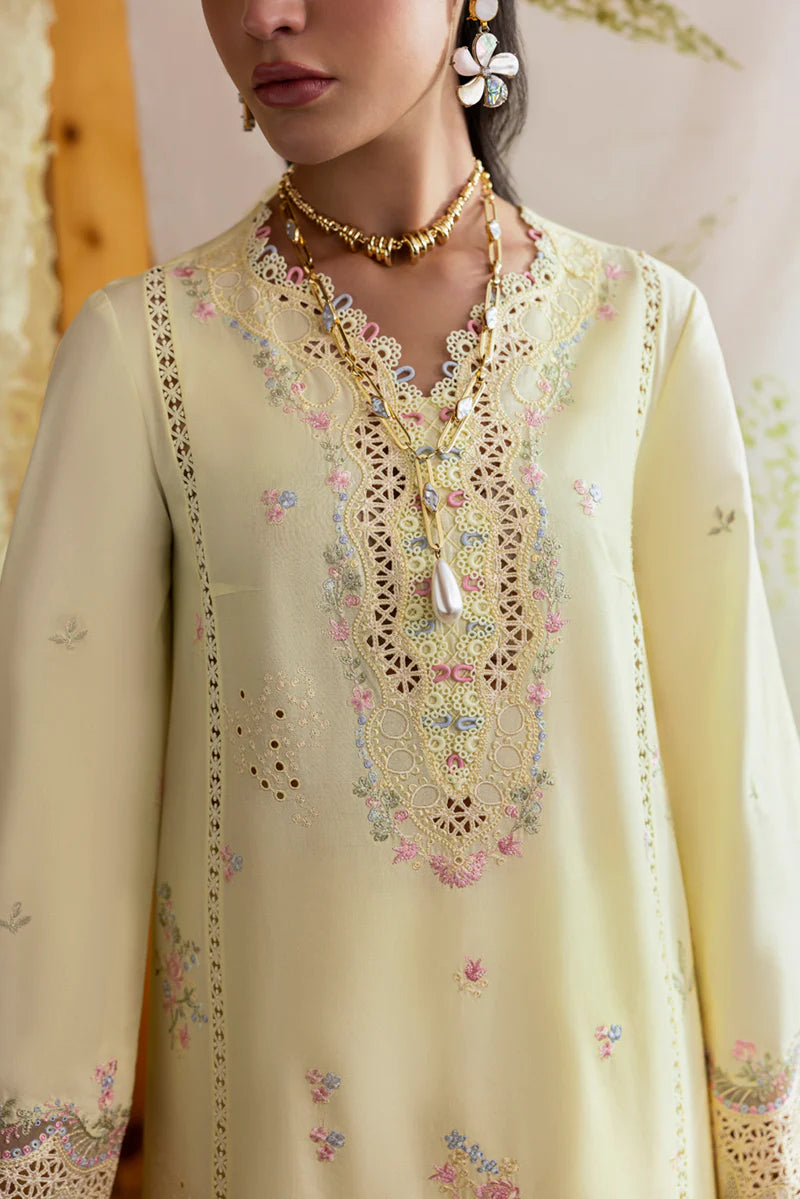 Model wearing pale yellow DC-04 Keva from Qalamkar Qlinekari Lawn '25, Pakistani Luxury pret, Pakistani clothes online in UK.