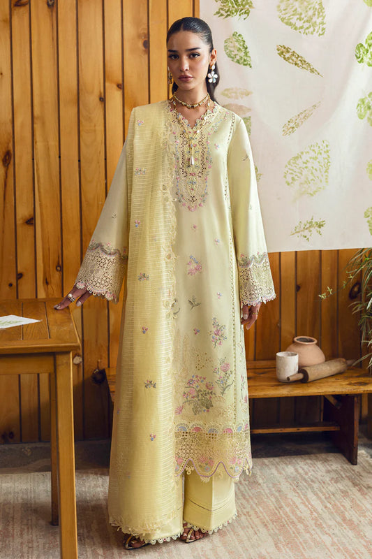 Model wearing pale yellow DC-04 Keva from Qalamkar Qlinekari Lawn '25, Pakistani Luxury pret, Pakistani clothes online in UK.