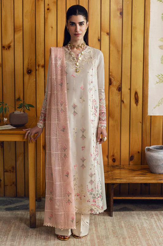 Model wearing cream DC-07 Tyrah from Qalamkar Qlinekari Lawn '25, Pakistani Luxury pret, Pakistani clothes online in UK.