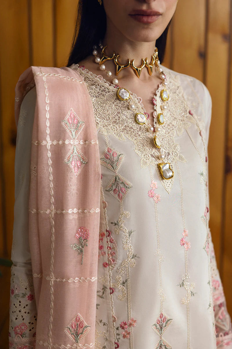 Model wearing cream DC-07 Tyrah from Qalamkar Qlinekari Lawn '25, Pakistani Luxury pret, Pakistani clothes online in UK.