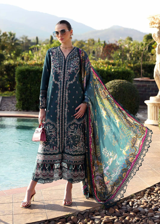 Model wearing deep teal embroidered Livia dress from Kanwal Malik Zaina Lawn '25, Pakistani luxury pret for online shoppers in UK.