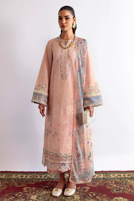 Model wearing peach DC-11 Hedi from Qalamkar Qlinekari Lawn '25, Pakistani Luxury pret, Pakistani clothes online in UK.