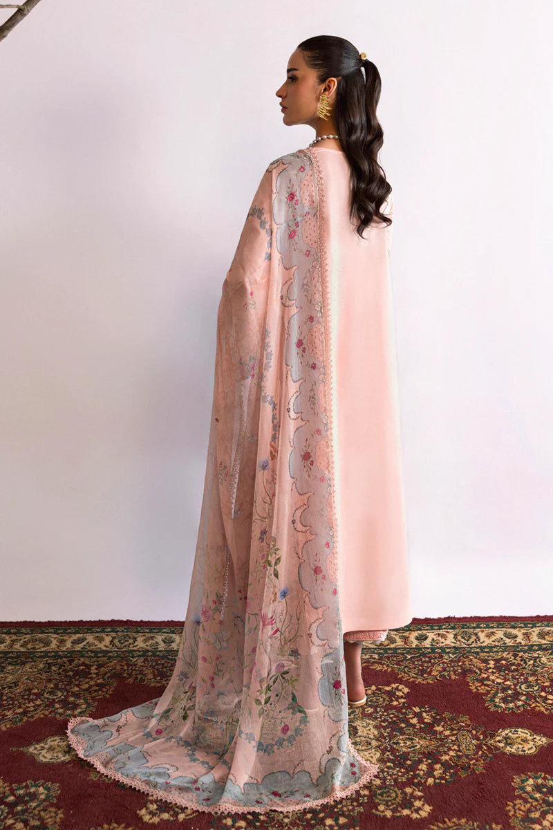 Model wearing peach DC-11 Hedi from Qalamkar Qlinekari Lawn '25, Pakistani Luxury pret, Pakistani clothes online in UK.