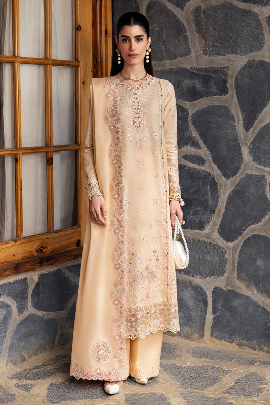Model wearing beige DC-12 Disa from Qalamkar Qlinekari Lawn '25, Pakistani Luxury pret, Pakistani clothes online in UK.