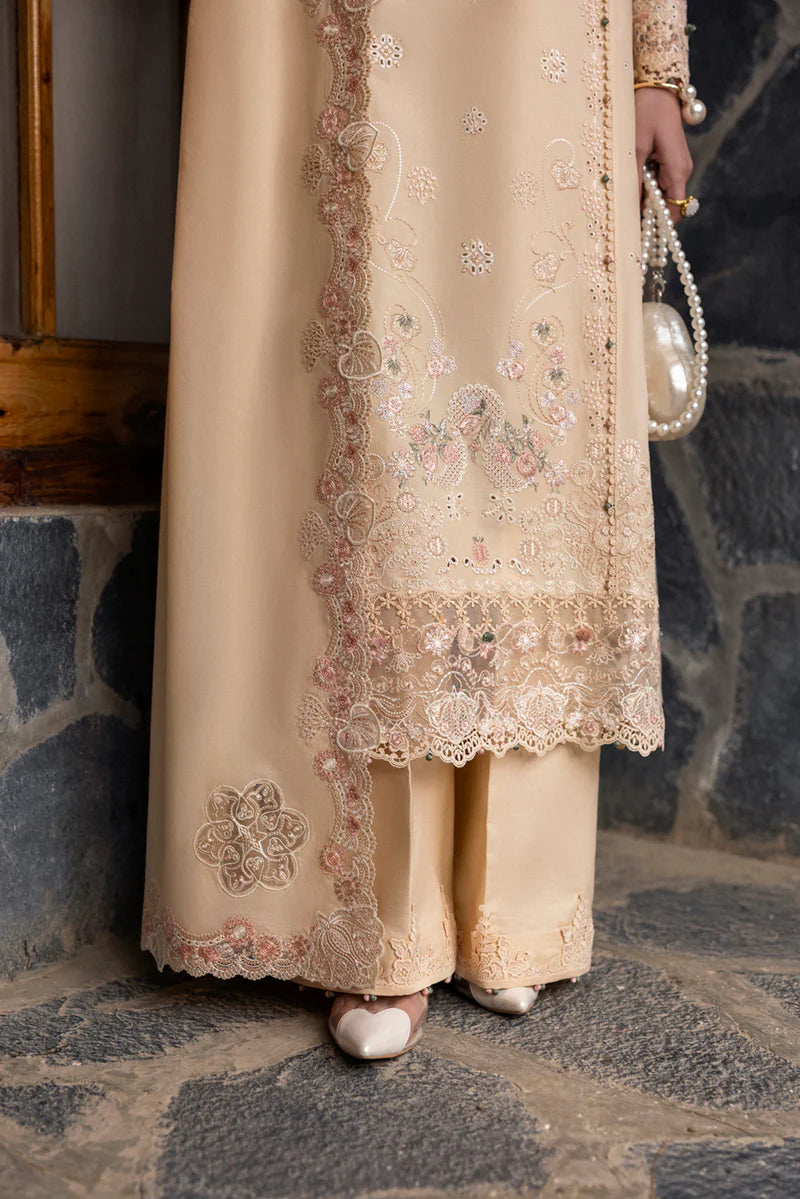 Model wearing beige DC-12 Disa from Qalamkar Qlinekari Lawn '25, Pakistani Luxury pret, Pakistani clothes online in UK.