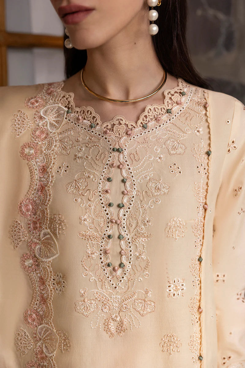 Model wearing beige DC-12 Disa from Qalamkar Qlinekari Lawn '25, Pakistani Luxury pret, Pakistani clothes online in UK.