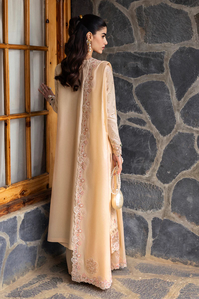 Model wearing beige DC-12 Disa from Qalamkar Qlinekari Lawn '25, Pakistani Luxury pret, Pakistani clothes online in UK.