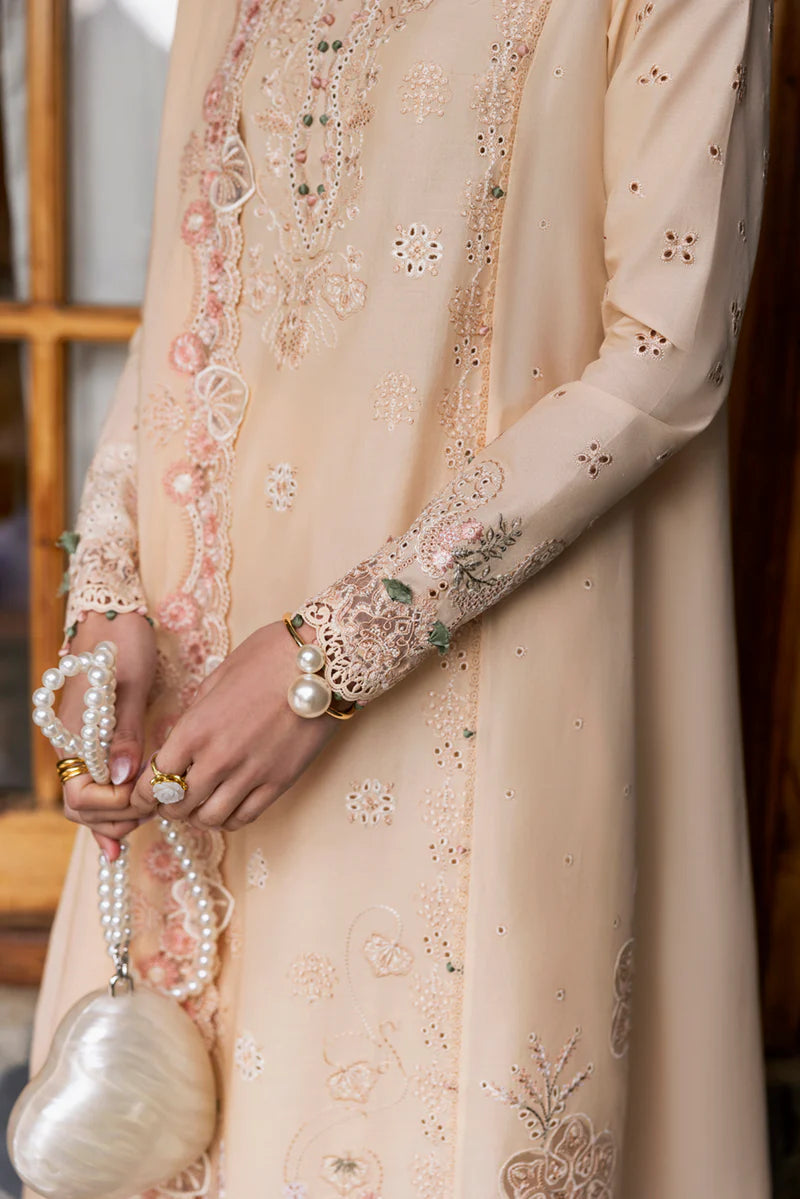 Model wearing beige DC-12 Disa from Qalamkar Qlinekari Lawn '25, Pakistani Luxury pret, Pakistani clothes online in UK.