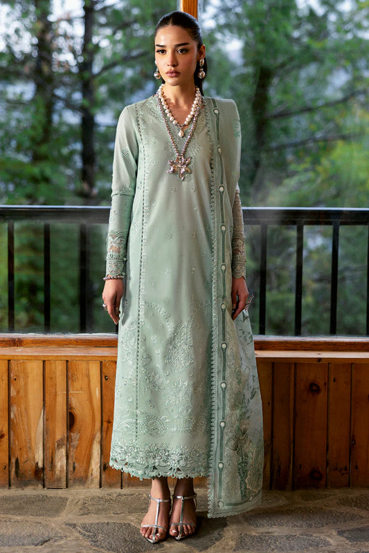 Model wearing mint green DC-15 Elira from Qalamkar Qlinekari Lawn '25, Pakistani Luxury pret, Pakistani clothes online in UK.
