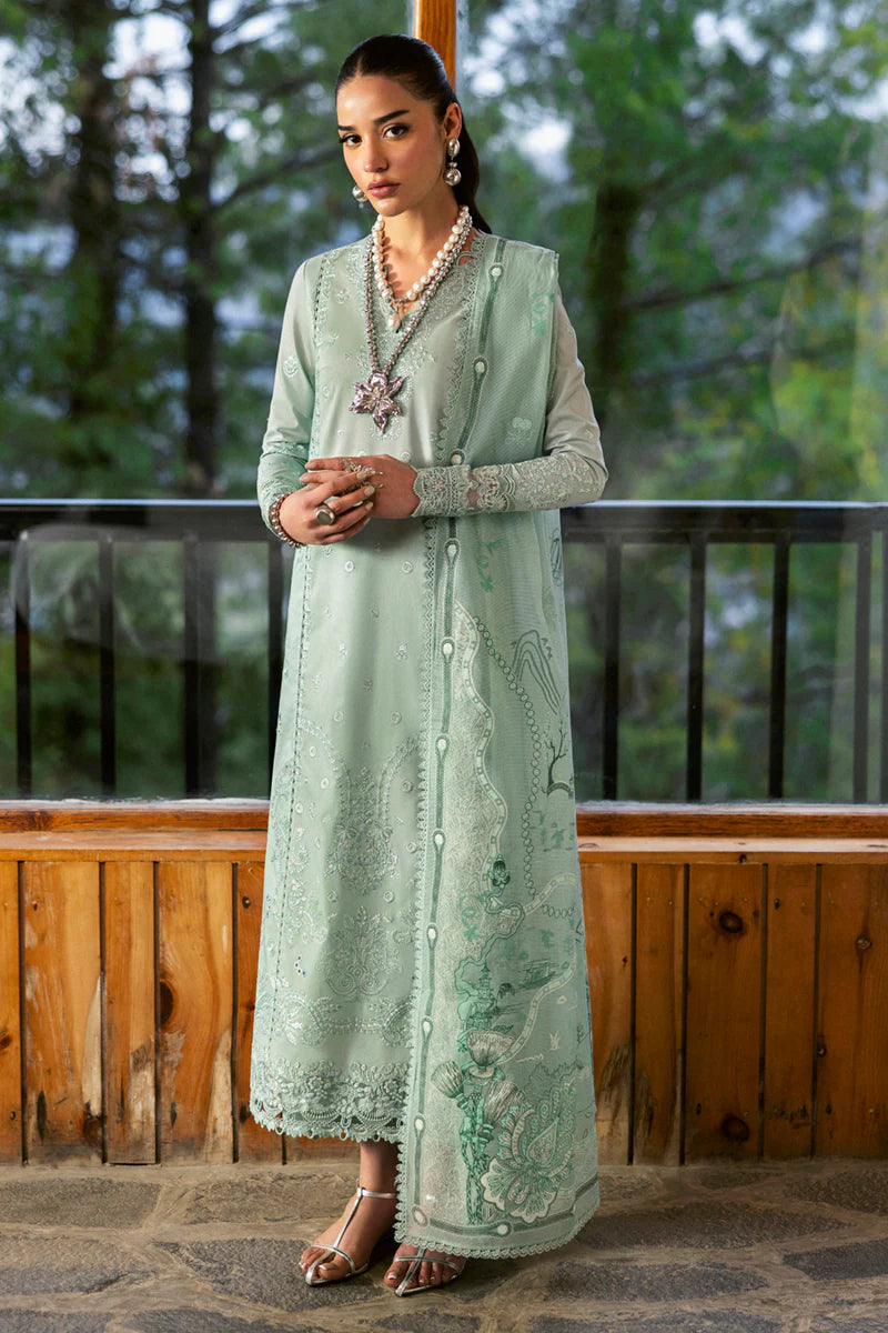 Model wearing mint green DC-15 Elira from Qalamkar Qlinekari Lawn '25, Pakistani Luxury pret, Pakistani clothes online in UK.
