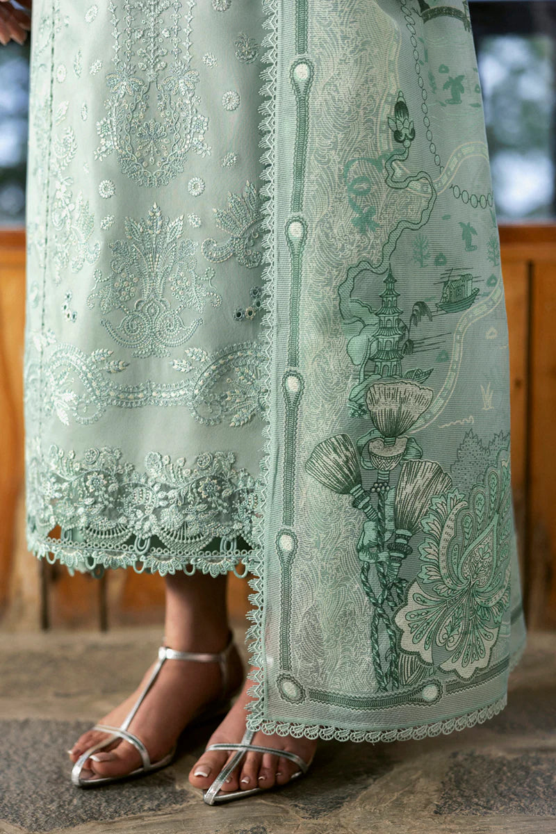 Model wearing mint green DC-15 Elira from Qalamkar Qlinekari Lawn '25, Pakistani Luxury pret, Pakistani clothes online in UK.