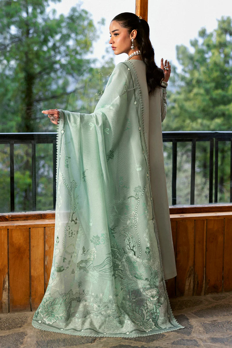 Model wearing mint green DC-15 Elira from Qalamkar Qlinekari Lawn '25, Pakistani Luxury pret, Pakistani clothes online in UK.