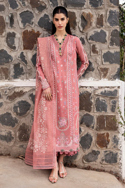 Model wearing coral pink DC-03 Moya from Qalamkar Qlinekari Lawn '25, Pakistani Luxury pret, Pakistani clothes online in UK.